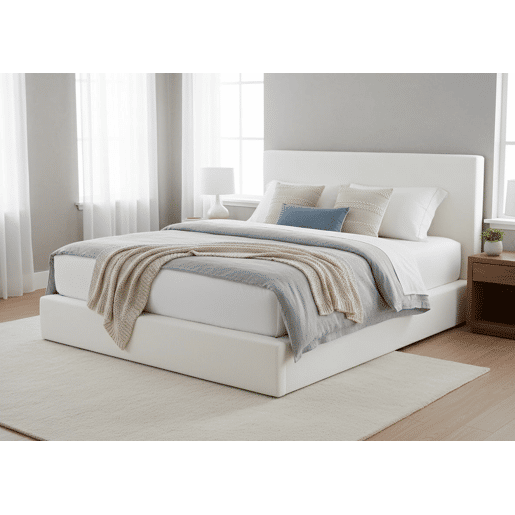 Cama de casal Teddy com cabeceira, branca, colchão com superfície viscoelástica de 135 cm + 28 cm.