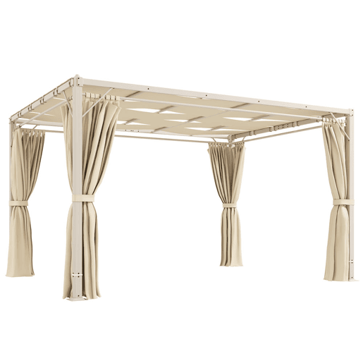 Outsunny Pérgola de Jardim 385x295x225 cm Pérgola de Jardim com Teto Ondulado 4 Cortinas Removíveis Proteção UPF50+ e Estrutura de Aço Resistente Pérgola para Exterior Pátio Terraço Bege