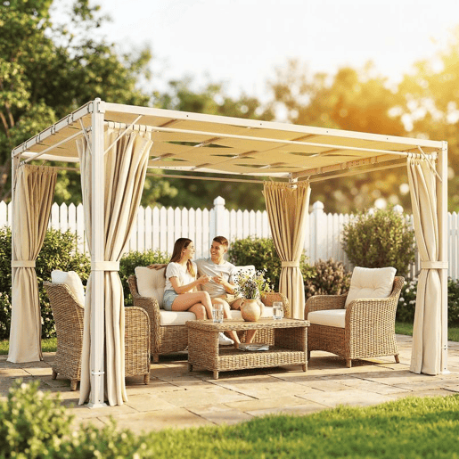 Outsunny Pérgola de Jardim 385x295x225 cm Pérgola de Jardim com Teto Ondulado 4 Cortinas Removíveis Proteção UPF50+ e Estrutura de Aço Resistente Pérgola para Exterior Pátio Terraço Bege