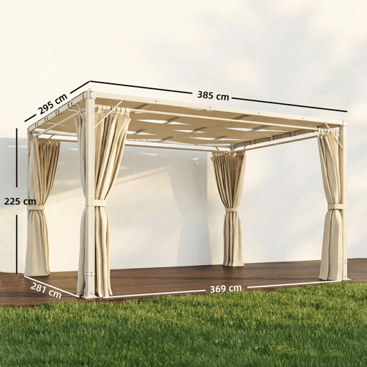 Outsunny Pérgola de Jardim 385x295x225 cm Pérgola de Jardim com Teto Ondulado 4 Cortinas Removíveis Proteção UPF50+ e Estrutura de Aço Resistente Pérgola para Exterior Pátio Terraço Bege