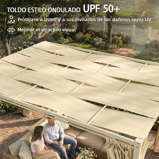 Outsunny Pérgola de Jardim 385x295x225 cm Pérgola de Jardim com Teto Ondulado 4 Cortinas Removíveis Proteção UPF50+ e Estrutura de Aço Resistente Pérgola para Exterior Pátio Terraço Bege