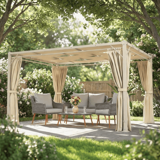 Outsunny Pérgola de Jardim 385x295x225 cm Pérgola de Jardim com Teto Ondulado 4 Cortinas Removíveis Proteção UPF50+ e Estrutura de Aço Resistente Pérgola para Exterior Pátio Terraço Bege