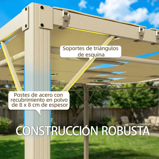 Outsunny Pérgola de Jardim 385x295x225 cm Pérgola de Jardim com Teto Ondulado 4 Cortinas Removíveis Proteção UPF50+ e Estrutura de Aço Resistente Pérgola para Exterior Pátio Terraço Bege