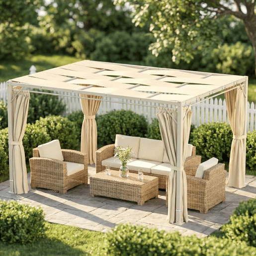 Outsunny Pérgola de Jardim 385x295x225 cm Pérgola de Jardim com Teto Ondulado 4 Cortinas Removíveis Proteção UPF50+ e Estrutura de Aço Resistente Pérgola para Exterior Pátio Terraço Bege