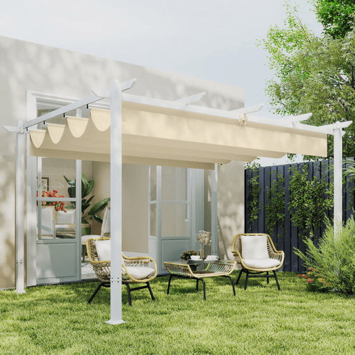 Outsunny Pérgola de Jardim 4x3 m com Teto Retrátil Pérgola de Exterior com Proteção UPF30+ Orifícios de Drenagem Estrutura Metálica Para Terraço e Jardim Bege