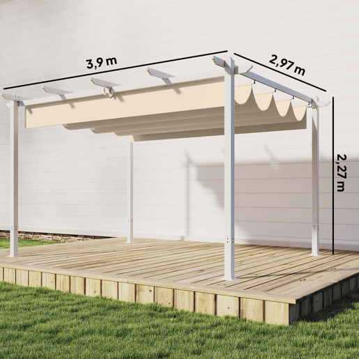 Outsunny Pérgola de Jardim 4x3 m com Teto Retrátil Pérgola de Exterior com Proteção UPF30+ Orifícios de Drenagem Estrutura Metálica Para Terraço e Jardim Bege