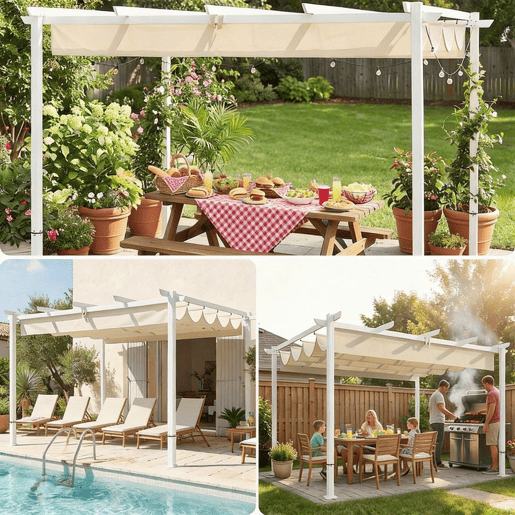 Outsunny Pérgola de Jardim 4x3 m com Teto Retrátil Pérgola de Exterior com Proteção UPF30+ Orifícios de Drenagem Estrutura Metálica Para Terraço e Jardim Bege