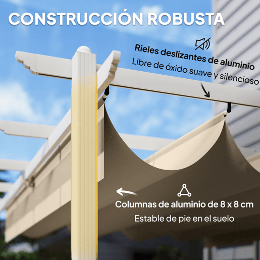 Outsunny Pérgola de Jardim 4x3 m com Teto Retrátil Pérgola de Exterior com Proteção UPF30+ Orifícios de Drenagem Estrutura Metálica Para Terraço e Jardim Bege