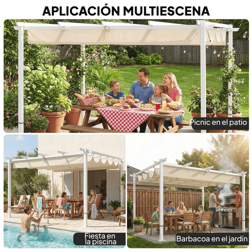Outsunny Pérgola de Jardim 4x3 m com Teto Retrátil Pérgola de Exterior com Proteção UPF30+ Orifícios de Drenagem Estrutura Metálica Para Terraço e Jardim Bege