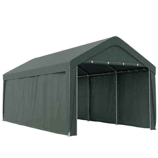 Outsunny Abrigo de Exterior 590x300x280 cm Garagem de Exterior para Carros Impermeável Abrigo Anti UV com Paredes Laterais Desmontáveis e 2 Portas com Fecho de Correr Cinza Escuro