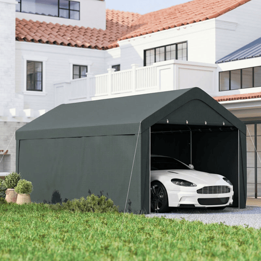 Outsunny Abrigo de Exterior 590x300x280 cm Garagem de Exterior para Carros Impermeável Abrigo Anti UV com Paredes Laterais Desmontáveis e 2 Portas com Fecho de Correr Cinza Escuro