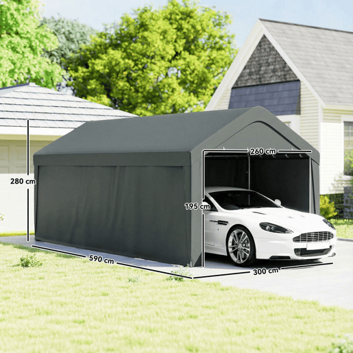 Outsunny Abrigo de Exterior 590x300x280 cm Garagem de Exterior para Carros Impermeável Abrigo Anti UV com Paredes Laterais Desmontáveis e 2 Portas com Fecho de Correr Cinza Escuro