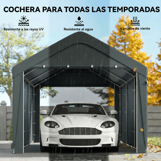 Outsunny Abrigo de Exterior 590x300x280 cm Garagem de Exterior para Carros Impermeável Abrigo Anti UV com Paredes Laterais Desmontáveis e 2 Portas com Fecho de Correr Cinza Escuro
