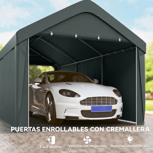 Outsunny Abrigo de Exterior 590x300x280 cm Garagem de Exterior para Carros Impermeável Abrigo Anti UV com Paredes Laterais Desmontáveis e 2 Portas com Fecho de Correr Cinza Escuro