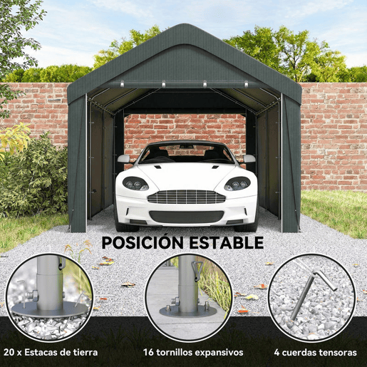 Outsunny Abrigo de Exterior 590x300x280 cm Garagem de Exterior para Carros Impermeável Abrigo Anti UV com Paredes Laterais Desmontáveis e 2 Portas com Fecho de Correr Cinza Escuro
