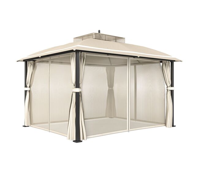 Outsunny cenador para jardín 3x3,7 m, pabellón de jardín gazebo con doble techo, paredes laterales, mosquiteras, marco de metal, resistente al agua, anti-uv, carpa para exterior, terraza, patio, beige
