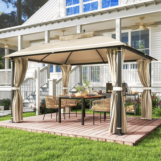 Outsunny Pérgola de Jardim 370x303x290 cm com Telhado Duplo Cortinas Laterais e Mosquiteiras Resistente à Água e Anti-UV para Exterior Terraço Pátio Bege