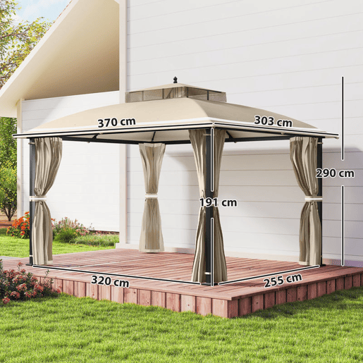 Outsunny Pérgola de Jardim 370x303x290 cm com Telhado Duplo Cortinas Laterais e Mosquiteiras Resistente à Água e Anti-UV para Exterior Terraço Pátio Bege