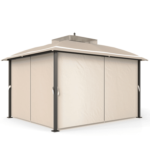 Outsunny Pérgola de Jardim 370x303x290 cm com Telhado Duplo Cortinas Laterais e Mosquiteiras Resistente à Água e Anti-UV para Exterior Terraço Pátio Bege