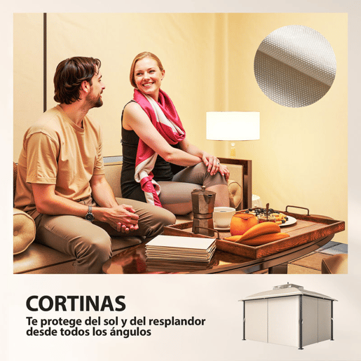 Outsunny Pérgola de Jardim 370x303x290 cm com Telhado Duplo Cortinas Laterais e Mosquiteiras Resistente à Água e Anti-UV para Exterior Terraço Pátio Bege