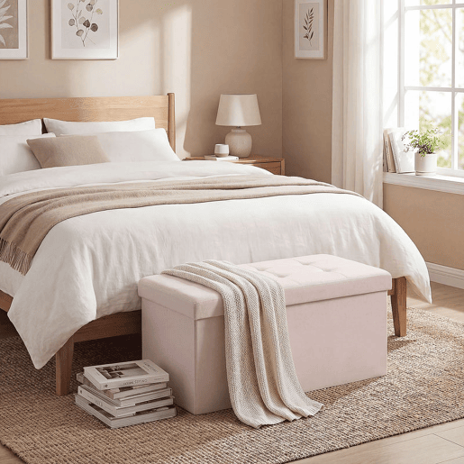 HOMCOM Puff de Arrumação Banco Dobrável 84 L 76x38x38 cm Estofado em Linho Sintético Baú de Arrumação Suporta 120 kg Banco para Sala de Estar Quarto Entrada Rosa