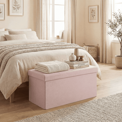 HOMCOM Puff de Arrumação Banco Dobrável 84 L 76x38x38 cm Estofado em Linho Sintético Baú de Arrumação Suporta 120 kg Banco para Sala de Estar Quarto Entrada Rosa