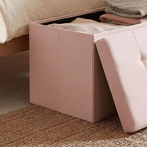 HOMCOM Puff de Arrumação Banco Dobrável 84 L 76x38x38 cm Estofado em Linho Sintético Baú de Arrumação Suporta 120 kg Banco para Sala de Estar Quarto Entrada Rosa