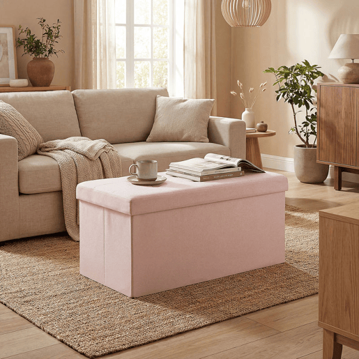 HOMCOM Puff de Arrumação Banco Dobrável 84 L 76x38x38 cm Estofado em Linho Sintético Baú de Arrumação Suporta 120 kg Banco para Sala de Estar Quarto Entrada Rosa