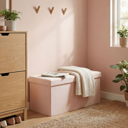 HOMCOM Puff de Arrumação Banco Dobrável 84 L 76x38x38 cm Estofado em Linho Sintético Baú de Arrumação Suporta 120 kg Banco para Sala de Estar Quarto Entrada Rosa