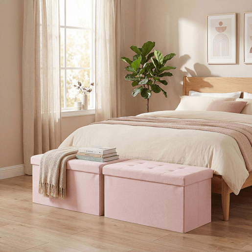 HOMCOM Puff de Arrumação Banco Dobrável 84 L 76x38x38 cm Estofado em Linho Sintético Baú de Arrumação Suporta 120 kg Banco para Sala de Estar Quarto Entrada Rosa