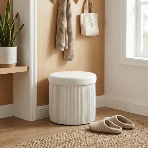 HOMCOM Puff de Arrumação Banco de Arrumação Dobrável 35 L 38x38x38 cm Estofado em Veludo Baú de Arrumação Redondo Capacidade de Carga 120 kg Banqueta para Sala de Estar Quarto, Entrada Creme