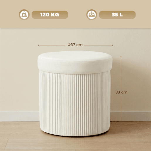 HOMCOM Puff de Arrumação Banco de Arrumação Dobrável 35 L 38x38x38 cm Estofado em Veludo Baú de Arrumação Redondo Capacidade de Carga 120 kg Banqueta para Sala de Estar Quarto, Entrada Creme