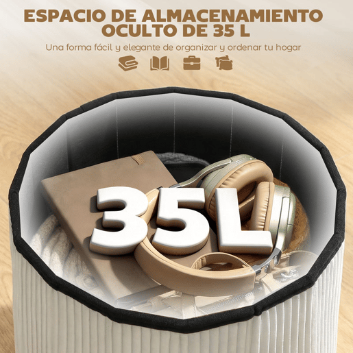 HOMCOM Puff de Arrumação Banco de Arrumação Dobrável 35 L 38x38x38 cm Estofado em Veludo Baú de Arrumação Redondo Capacidade de Carga 120 kg Banqueta para Sala de Estar Quarto, Entrada Creme