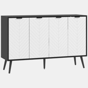 HOMCOM Aparador de 4 Portas Aparador de Sala com Prateleiras Ajustáveis Pés de Madeira Portas com Padrão Espinha para Cozinha Entrada Quarto Branco e Preto 120x35x77,4 cm