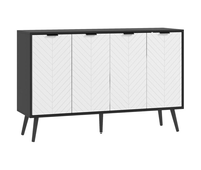 Homcom aparador de 4 puertas, aparador de salón con estantes ajustables, patas de madera, puertas con patrón de espiga, para cocina, entrada, dormitorio, comedor, blanco y negro, 120x35x77,4 cm