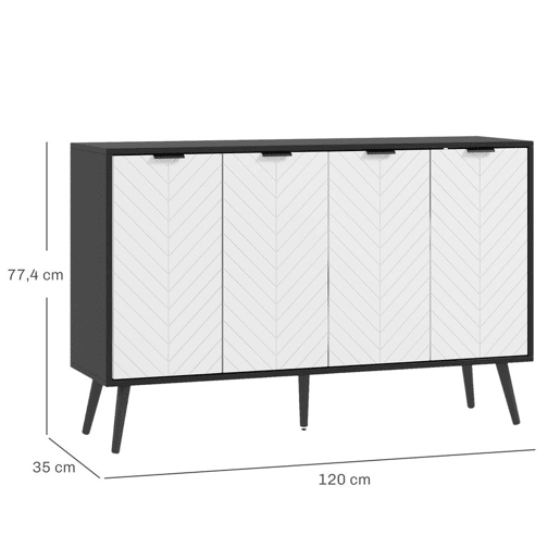 HOMCOM Aparador de 4 Portas Aparador de Sala com Prateleiras Ajustáveis Pés de Madeira Portas com Padrão Espinha para Cozinha Entrada Quarto Branco e Preto 120x35x77,4 cm