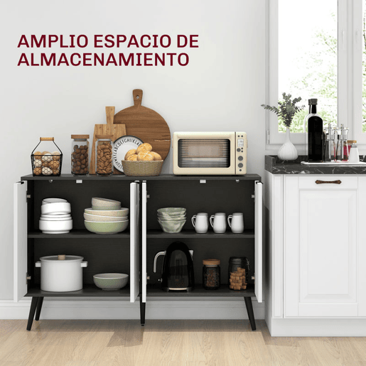 HOMCOM Aparador de 4 Portas Aparador de Sala com Prateleiras Ajustáveis Pés de Madeira Portas com Padrão Espinha para Cozinha Entrada Quarto Branco e Preto 120x35x77,4 cm