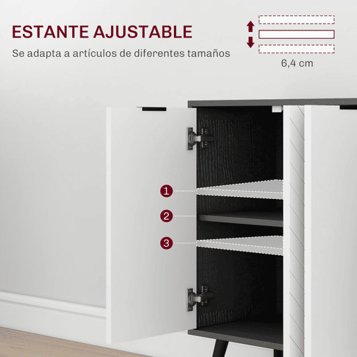 HOMCOM Aparador de 4 Portas Aparador de Sala com Prateleiras Ajustáveis Pés de Madeira Portas com Padrão Espinha para Cozinha Entrada Quarto Branco e Preto 120x35x77,4 cm