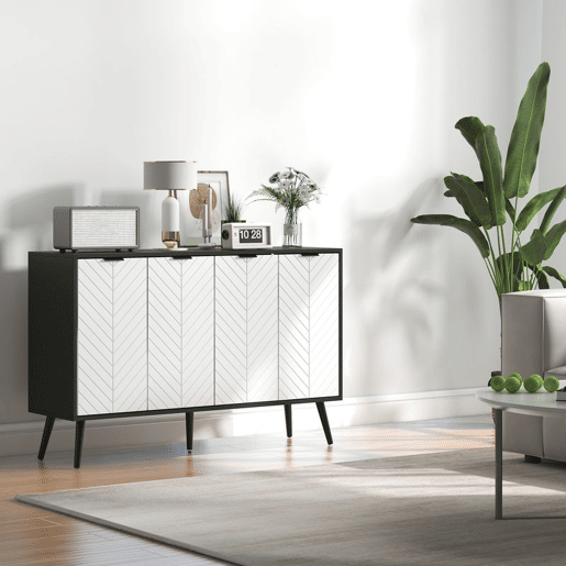 HOMCOM Aparador de 4 Portas Aparador de Sala com Prateleiras Ajustáveis Pés de Madeira Portas com Padrão Espinha para Cozinha Entrada Quarto Branco e Preto 120x35x77,4 cm
