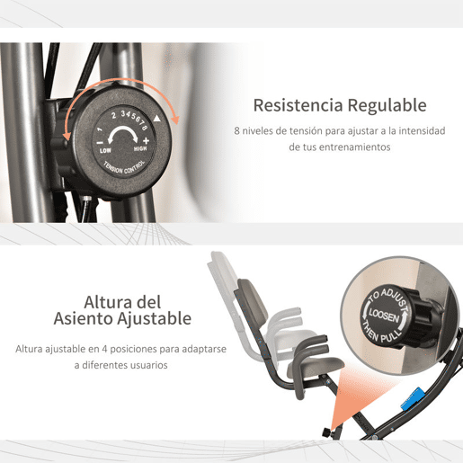 HOMCOM Bicicleta Estática Dobrável 3 em 1 com Encosto e 8 Níveis de Resistência Magnética Bicicleta Estática para Casa Ajustável com Monitor LCD Volante Banda Sensor de Pulso e Suporte para Telemóvel
