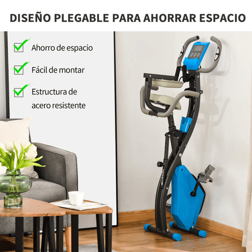 HOMCOM Bicicleta Estática Dobrável 3 em 1 com Encosto e 8 Níveis de Resistência Magnética Bicicleta Estática para Casa Ajustável com Monitor LCD Volante Banda Sensor de Pulso e Suporte para Telemóvel