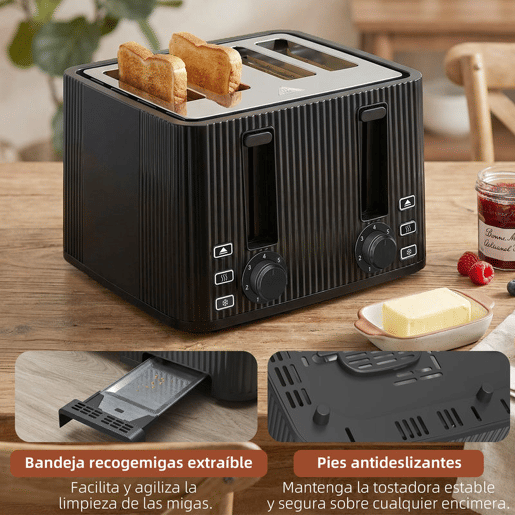 HOMCOM Torradeira de 4 Ranhuras Largas, Torradeira de Pão, 7 Níveis de Torragem, Função Descongelar, Aquecer e Cancelar, Bandeja de Migalhas Removível, 1710W, Preto