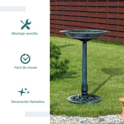 Outsunny Banho para Pássaros de Jardim ao Ar Livre Altura 70 cm Bebedouro com Design de Flor-de-Lis e Acabamento Envelhecido Leve e Resistente Verde