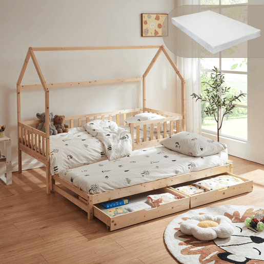 Cama de casal para crianças Aarghonmaa com colchão 90x200cm 2 gavetas pinho natural en.casa