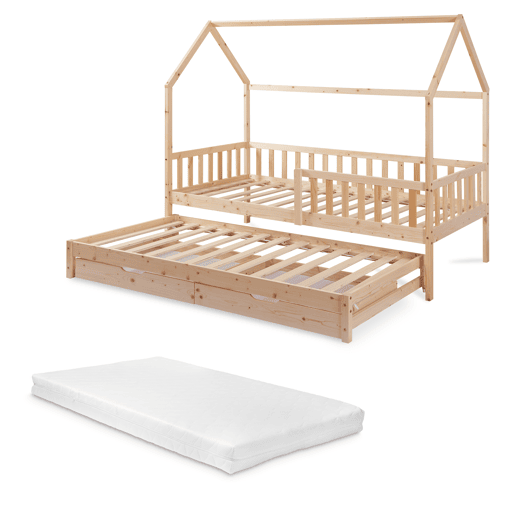 Cama de casal para crianças Aarghonmaa com colchão 90x200cm 2 gavetas pinho natural en.casa