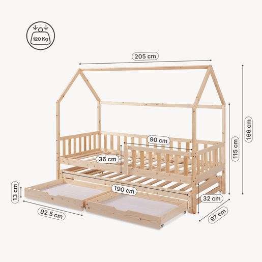 Cama de casal para crianças Aarghonmaa com colchão 90x200cm 2 gavetas pinho natural en.casa