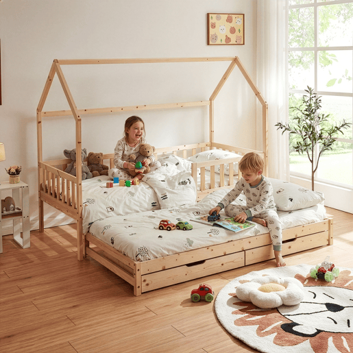 Cama de casal para crianças Aarghonmaa com colchão 90x200cm 2 gavetas pinho natural en.casa