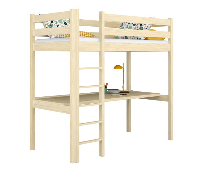 Cama alta de madera con escritorio n05 pino incoloro