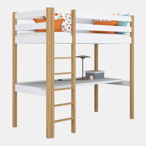 Cama alta de madeira com secretária N05 branco e carvalho