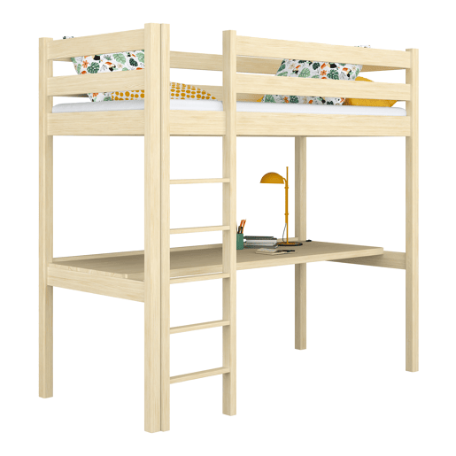 Cama alta de madeira com secretária N05 pinho incolor